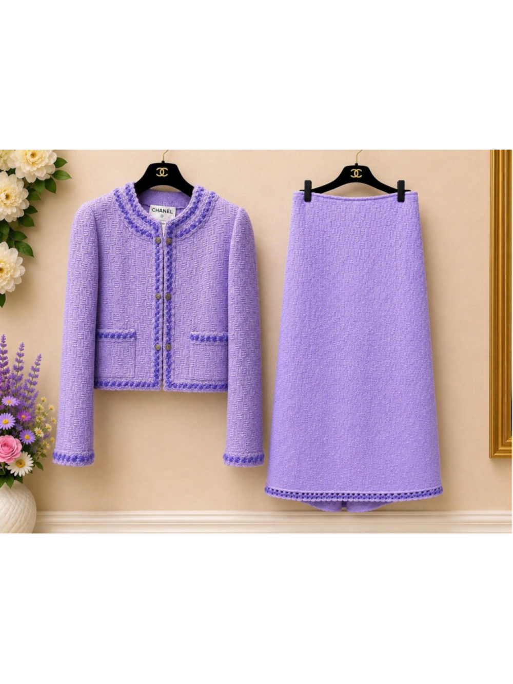 CHANEL 98A Lilac Tweed Jacket Maxi Skirt Suit Set FR 40 Karl Lagerfeld - Picture 2 of 16